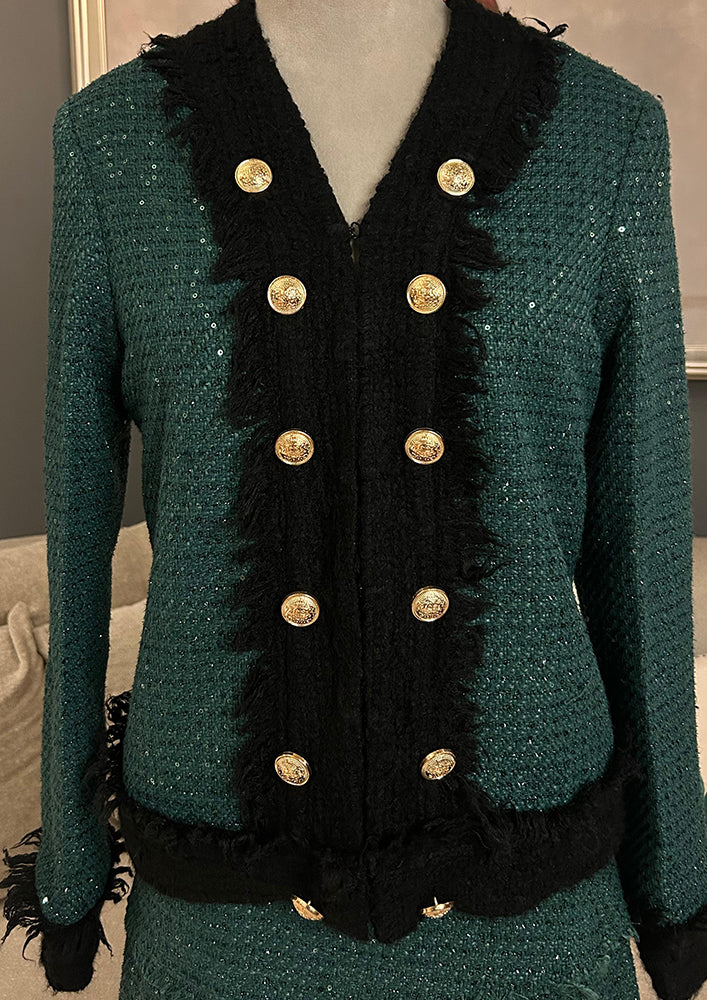 Green Tweed Jacket with A line skirt Set