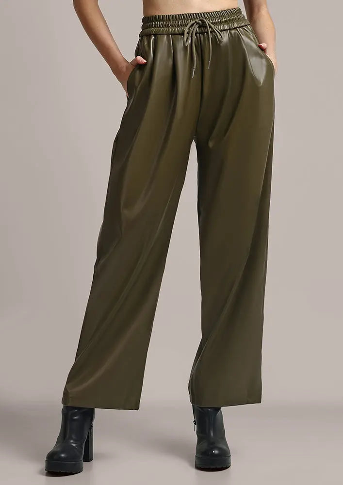 Olive Green Faux Leather Wide leg trousers IKI CHIC