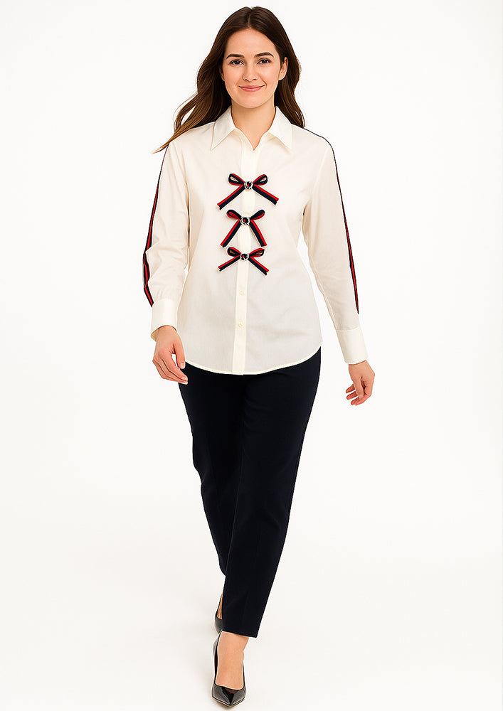 White Poplin Shirt with Lace Detailing & Front Bow Design