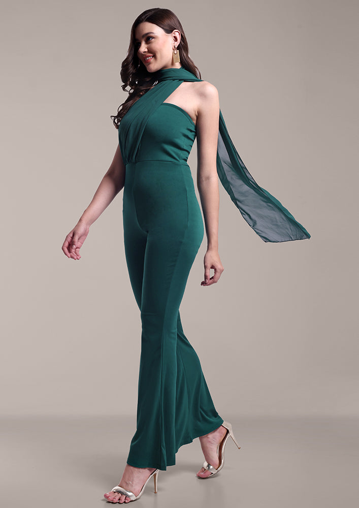 Green Tube-Style Bootleg Jumpsuit with Neck Drape