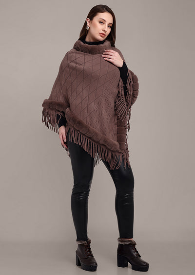 Brown Women's Poncho with Fringed Hem and Fur