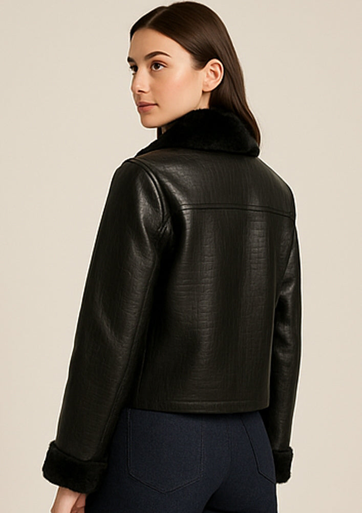 Black Crocodile Leather Jacket With Fur Collars And Detachable Cuffs