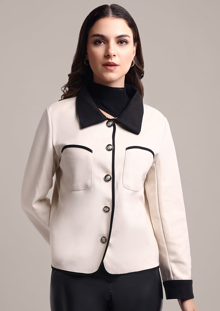 Off White Woolen Jacket With Colorblock Detailing