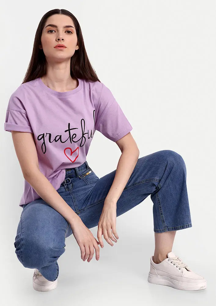 Lavender Grateful Print Short Sleeve T-Shirt IKI CHIC Private Ltd
