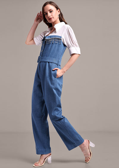 Denim Jumpsuit With Swarouvski Detail And Waist Belt