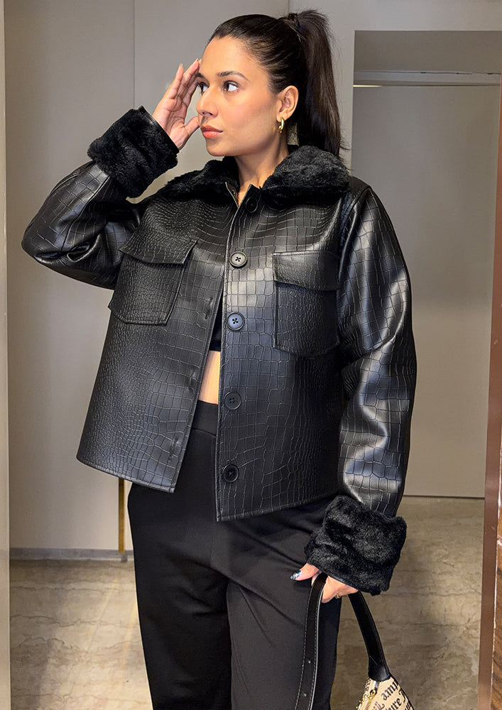 Black Crocodile Leather Jacket With Fur Collars And Detachable Cuffs