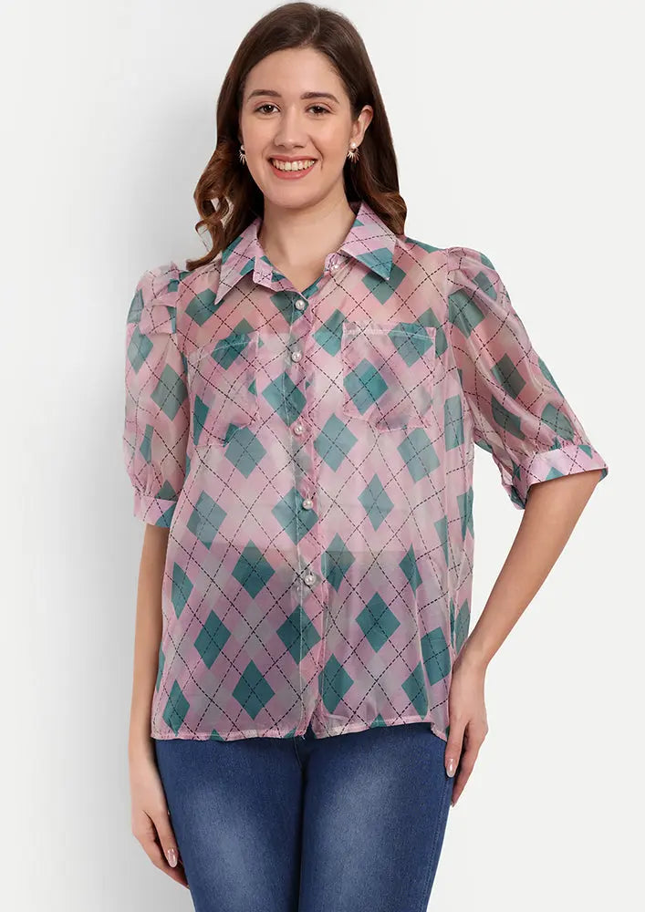 Pink Printed Collared Shirt With Pearl Front Button Up And Puff Sleeves IKI CHIC Private Ltd