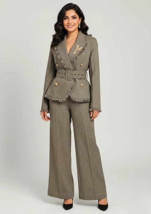 Woolen check print tailored blazer and pants set