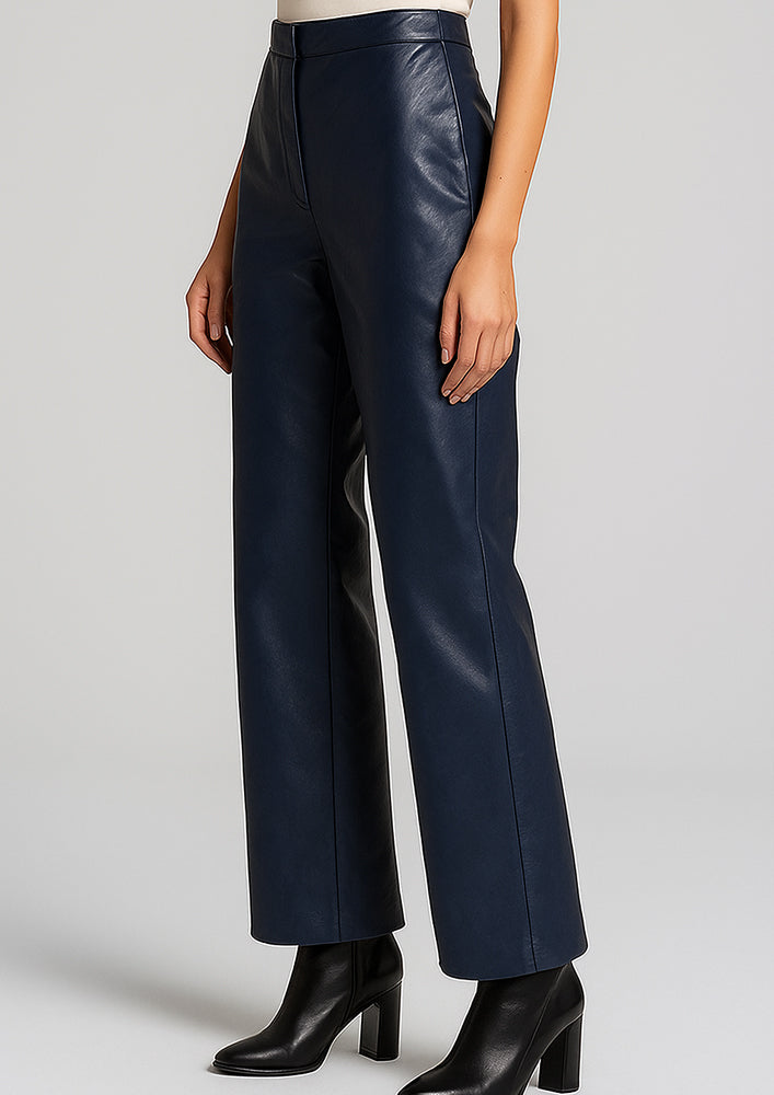 Navy Blue Straight Leather Pants