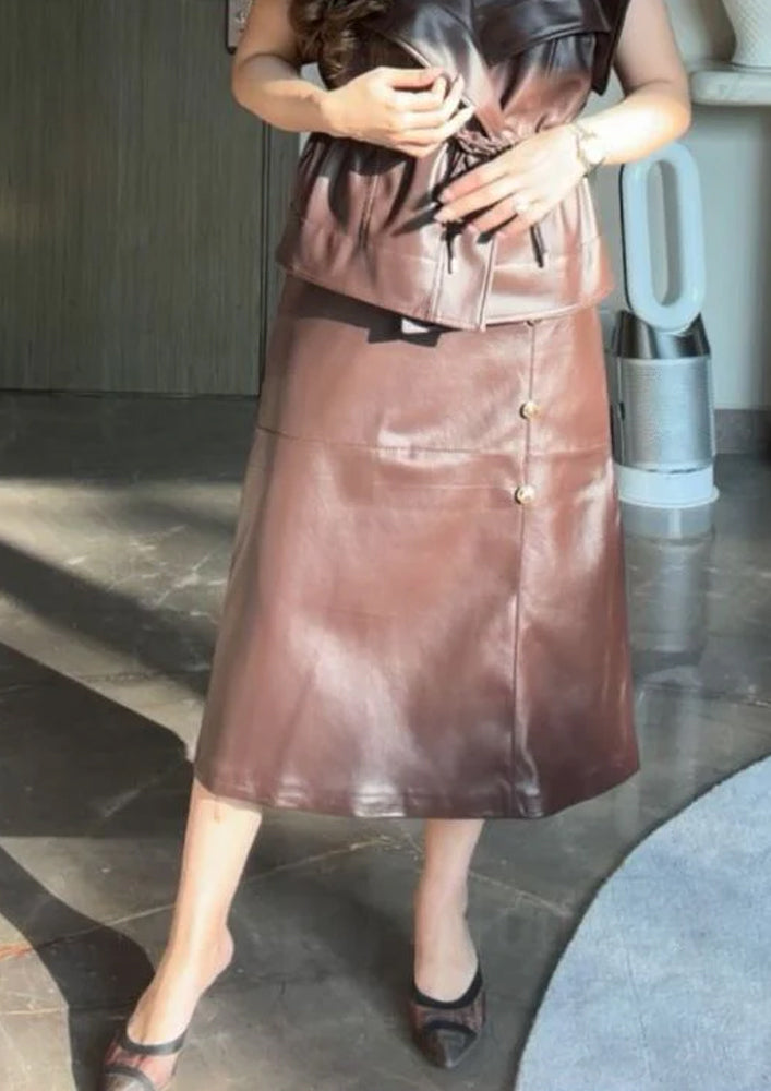 Dark brown leather Long A-Line Skirt
