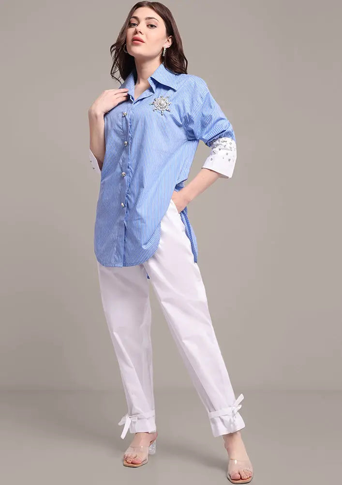 Blue Stripe High-Low Embellished Shirt With Tie-Up Pants IKI CHIC Private Ltd
