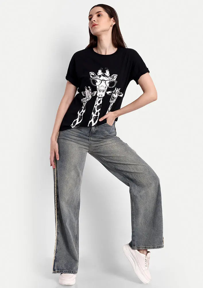 Black Giraffe Print Short Sleeve Regular T-Shirt IKI CHIC Private Ltd