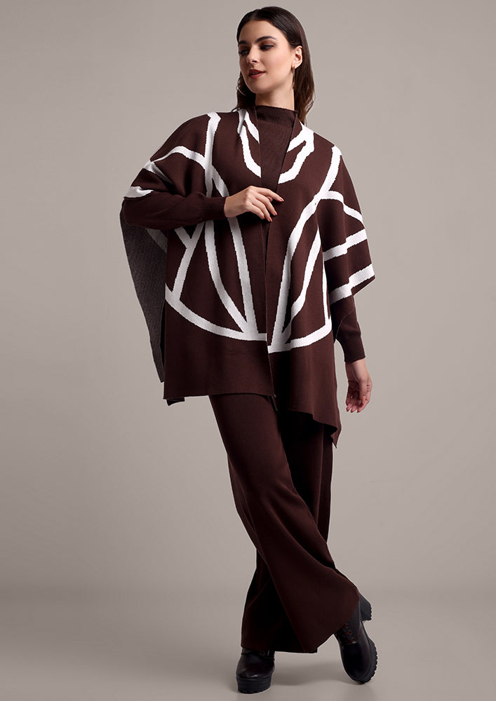 Dark Brown Long Sleeve Top With Kaftan Shrug And Pants Set