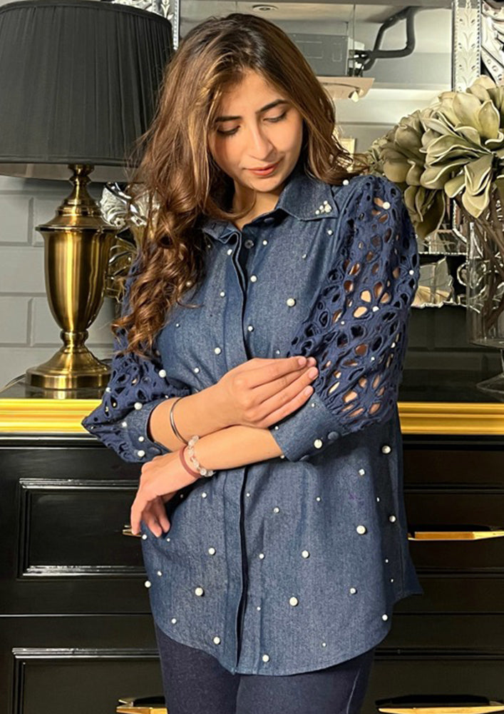 Denim Shirt with Cutwork Sleeves and Pearl Work IKI CHIC Private Ltd.