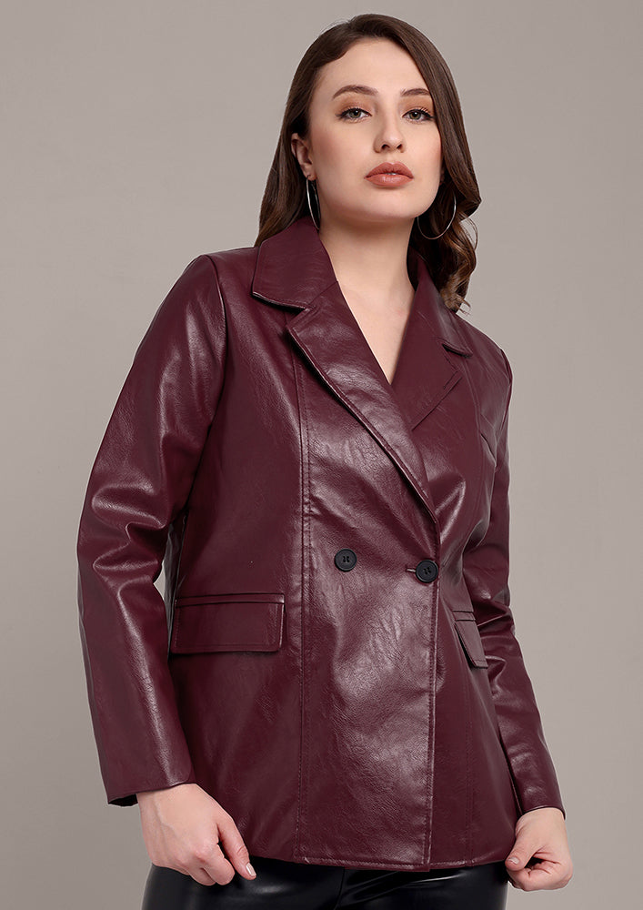 Burgundy Leather Jacket with Notch Collar Style IKI CHIC Private Ltd.
