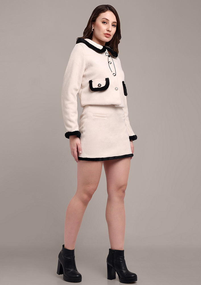 Off-White Blazer Skirt Set with Fur Detailing IKI CHIC Private Ltd.