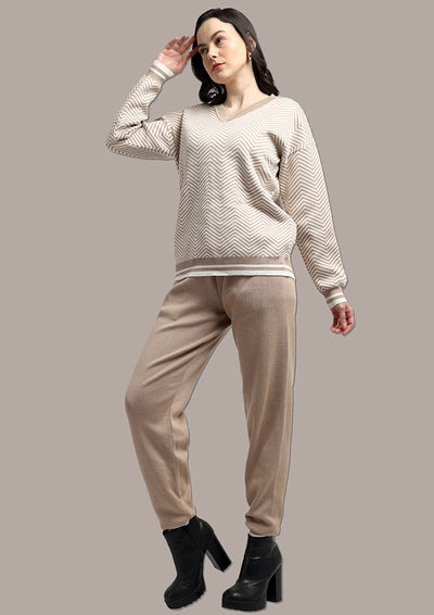 Beige & White Top And  Joggers Two- Piece Knitted Set