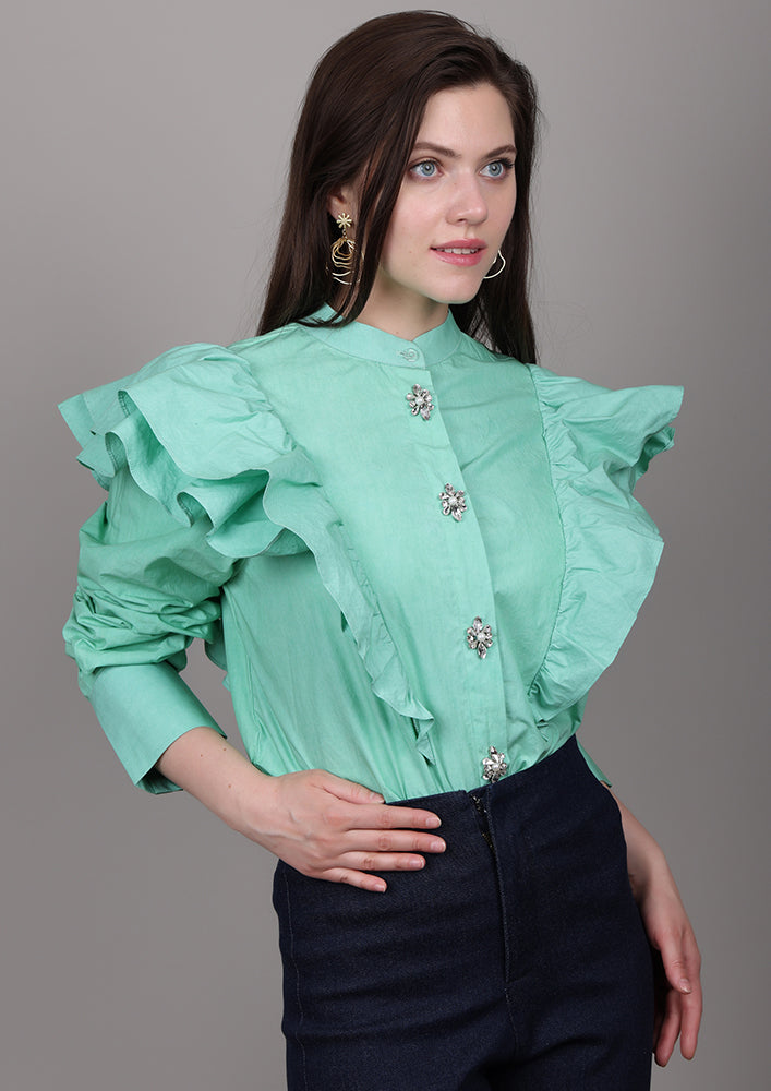 Mint Green Poplin Oversized Shirt with Ruffle Detailing & Embellishments