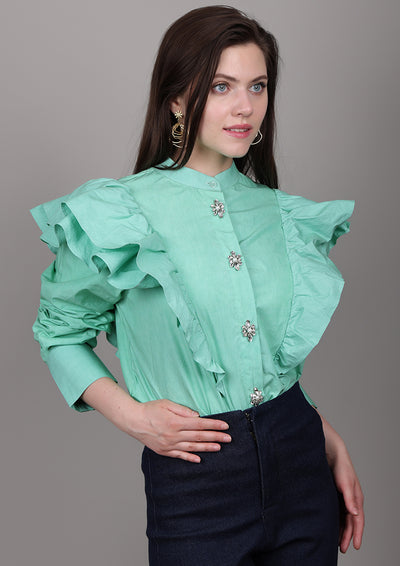 Mint Green Poplin Oversized Shirt with Ruffle Detailing & Embellishments