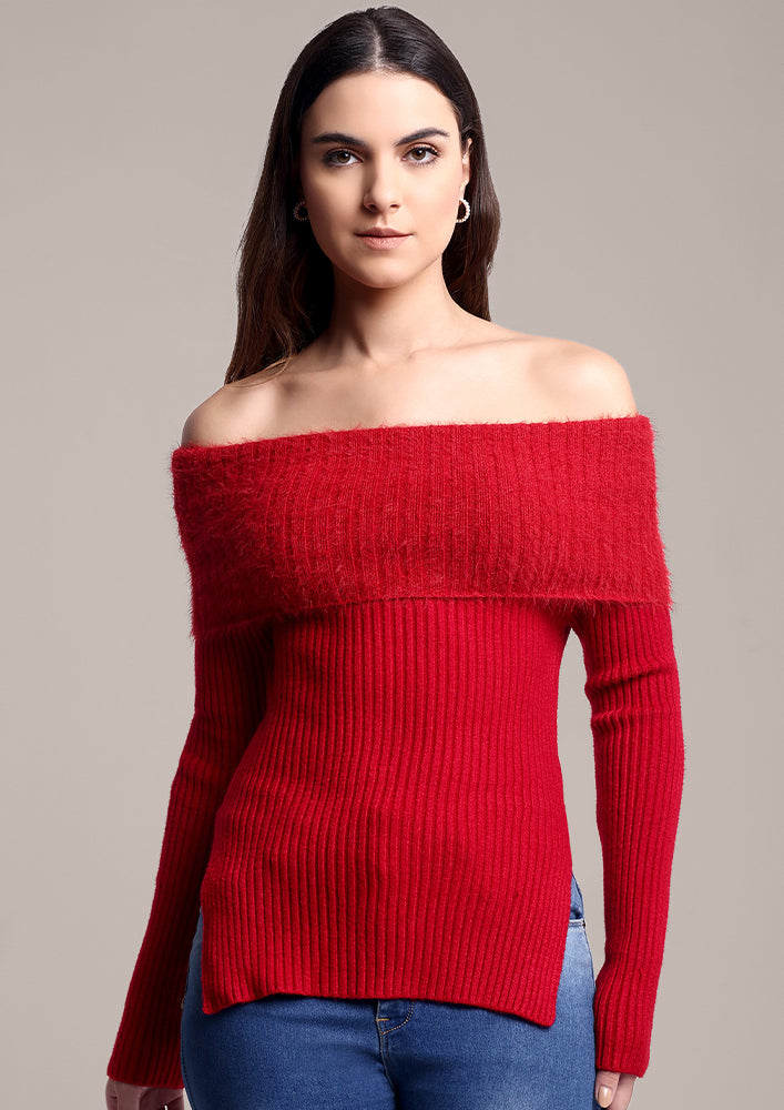 Red Off-Shoulder Sweater with Fur Detail