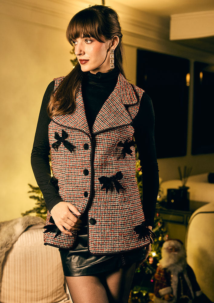 Red & Black Tweed Lapel Collar Vest With Bows Applique  On Front