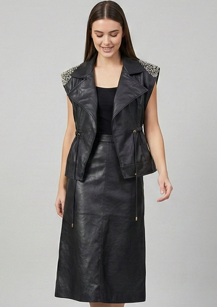 Black leather Long A-Line Skirt