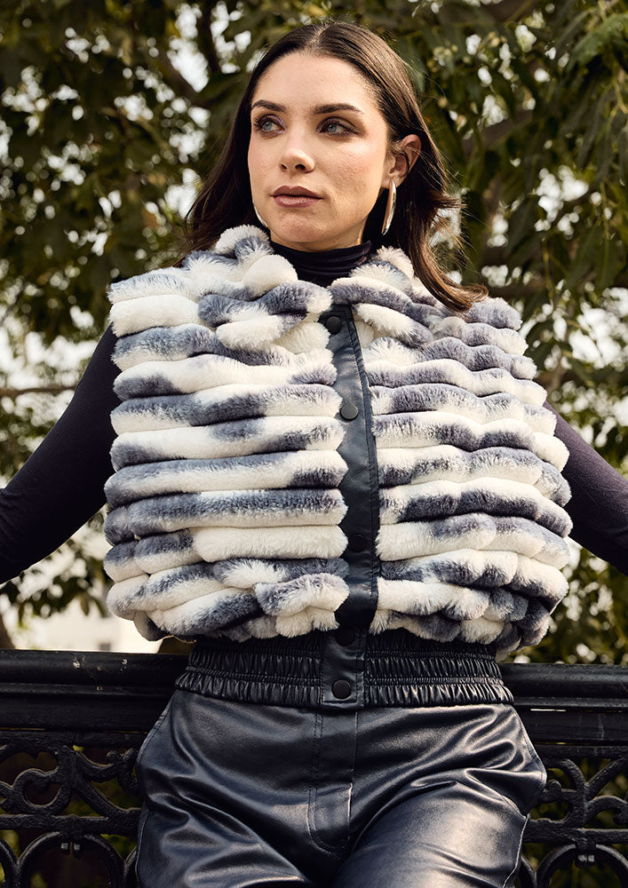 White & Grey Fur Sleeveless Jacket with Leather Detailing