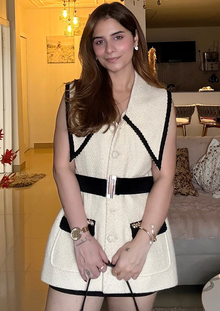 Off White Woolen Vest With Black Lace, Embleshment Detailing And Belt