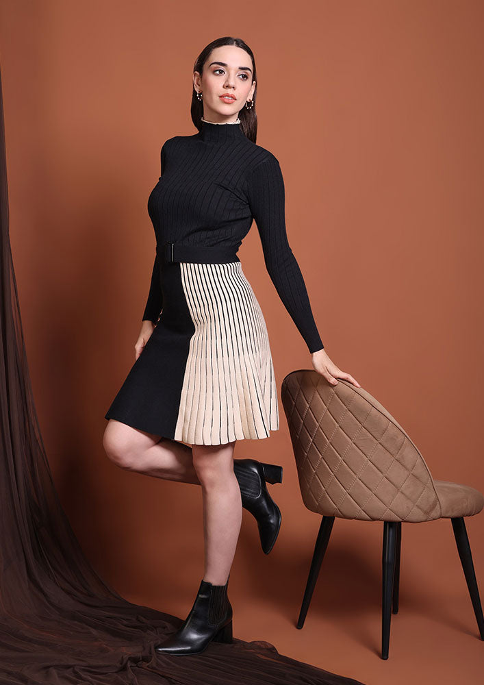Black Ribbed Knit Mini Dress with Contrast Pleated Panel