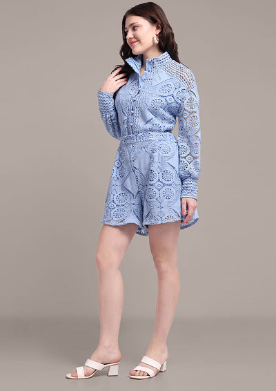 Blue Lace Detail Shirts And Shorts Set