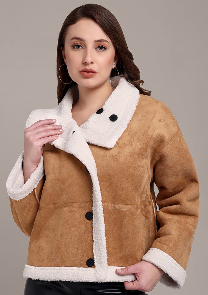 Beige Suede Jacket with Wool Detailing IKI CHIC Private Ltd.