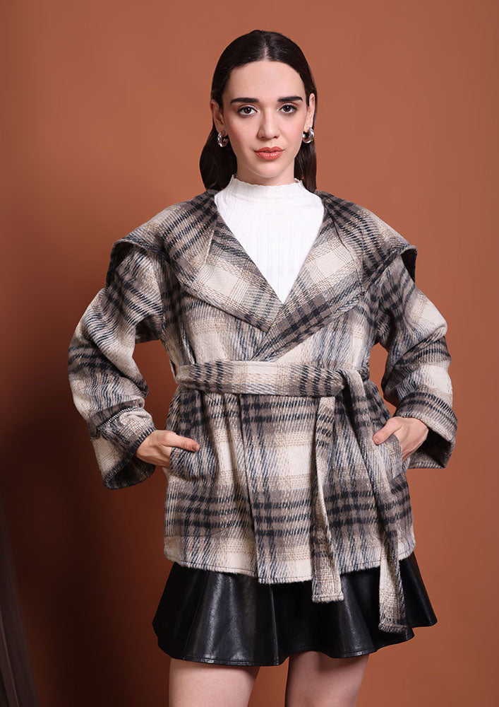 Beige & Brown Check Print Jacket