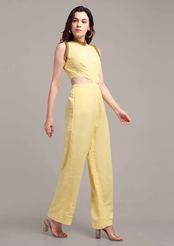 Yellow Halterneck Cut Out Design Sleeveless Linen Jumpsuit IKI CHIC Private Ltd