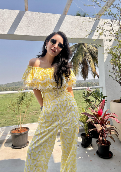 Yellow Off-Shoulder embroidered schiffli jumpsuit with buckle belt