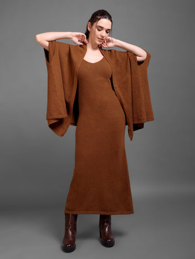 Brown Sleeveless Knit Dress with Matching Cape