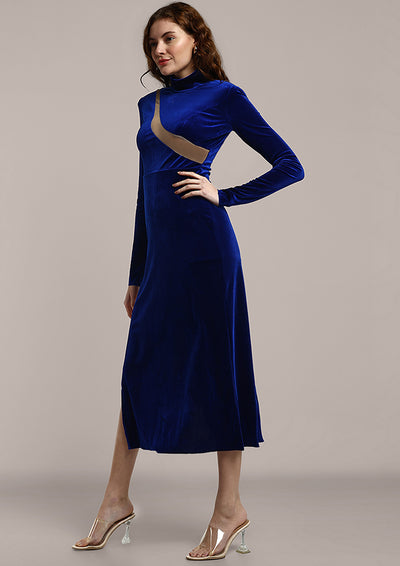 Solid Deep Blue High Neck Velvet Dress