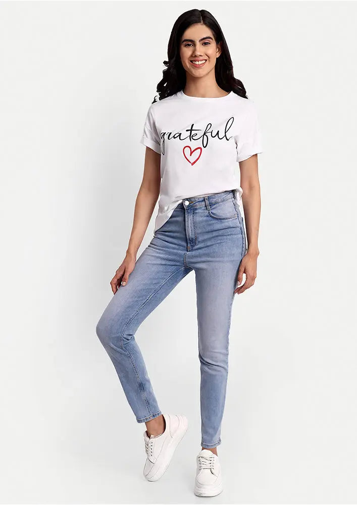 White Grateful Print Short Sleeve T-Shirt IKI CHIC Private Ltd