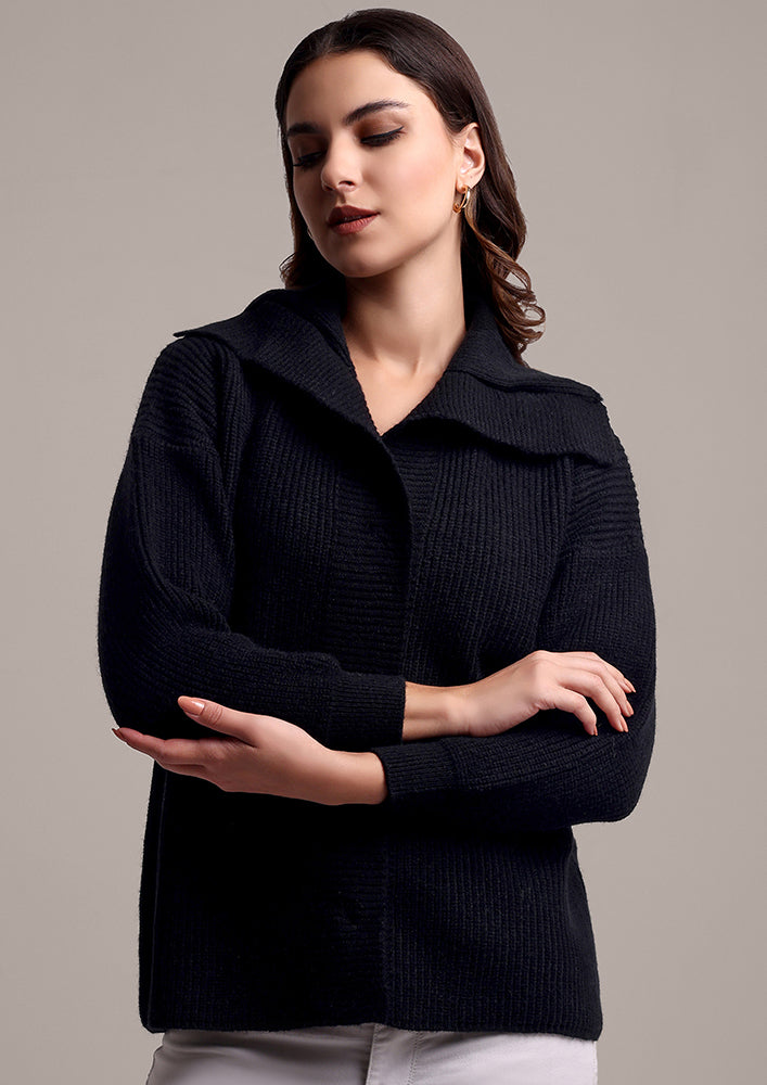 Black Knitted Lapel Collar Cardigan