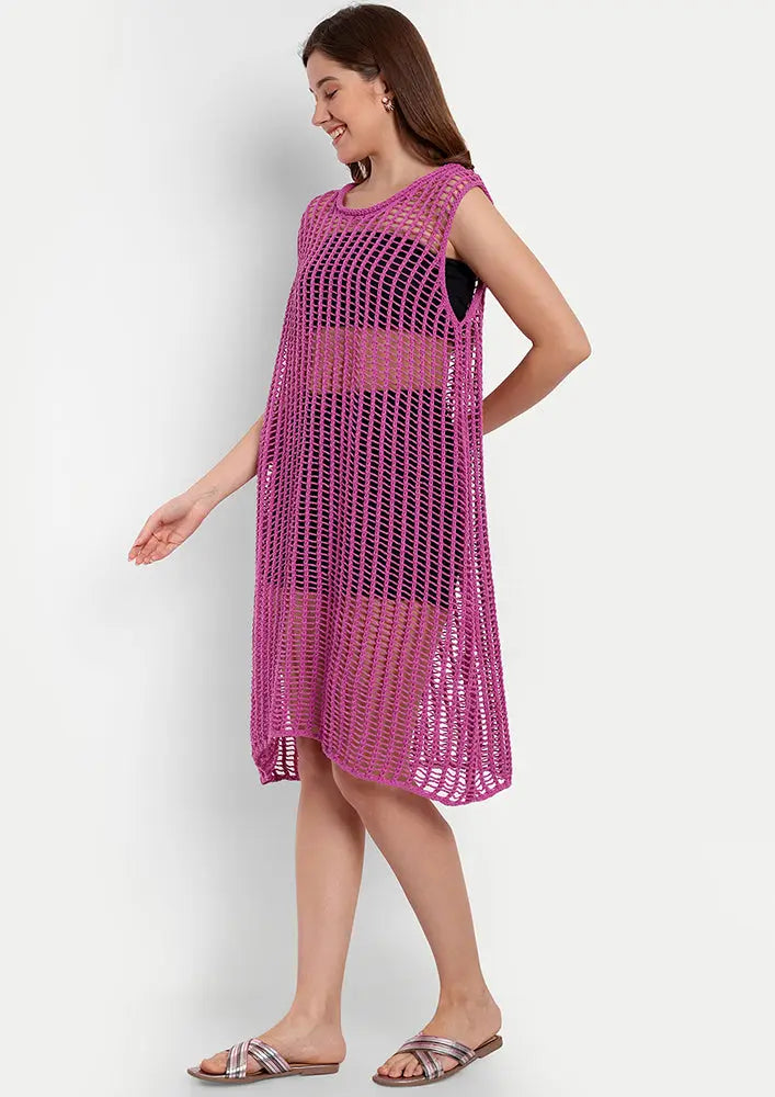 Purple Crochet Beach Coverup With A Boat Neckline And Sleeveless Design IKI CHIC Private Ltd