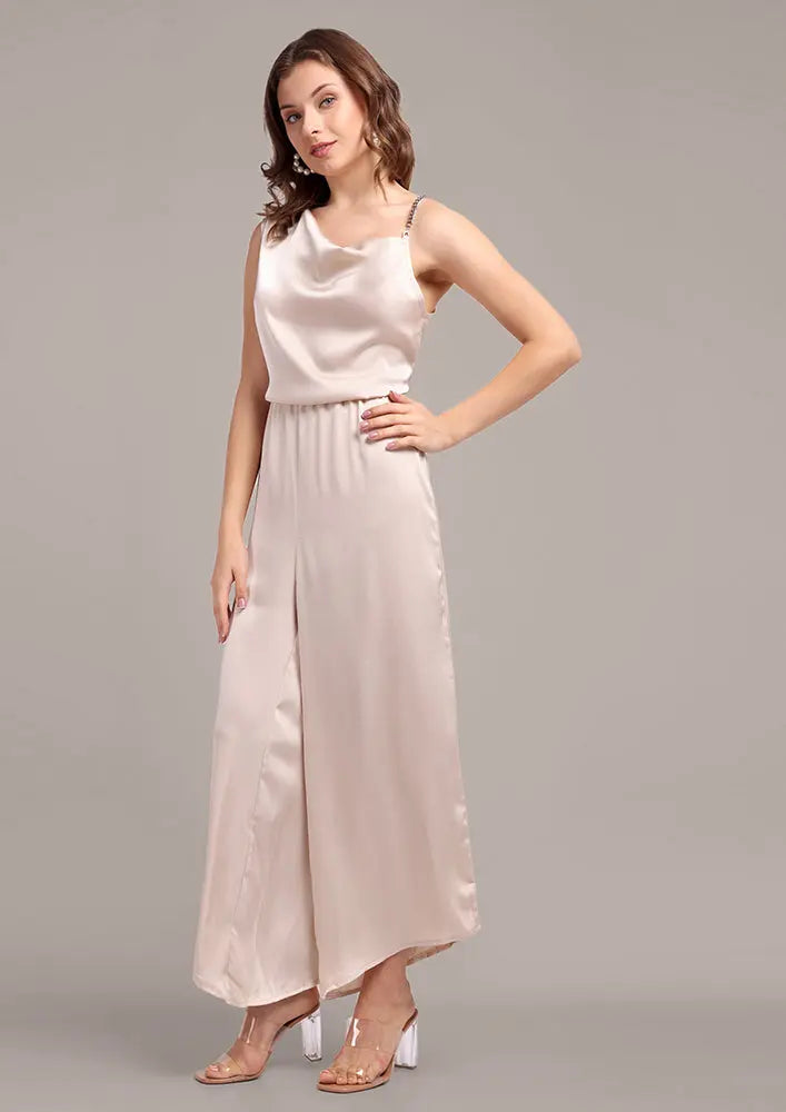 Beige Cowl Neck wide Leg Jumpsuit IKI CHIC Private Ltd