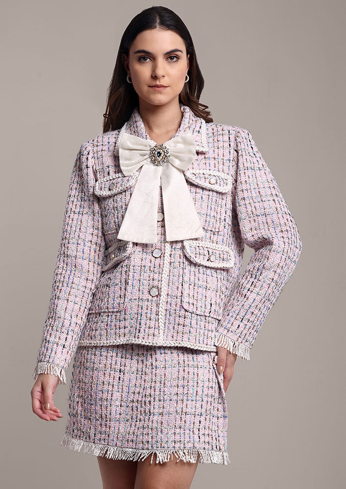 Pink Tweed Jacket with Swarovski Bow & Skirt Set