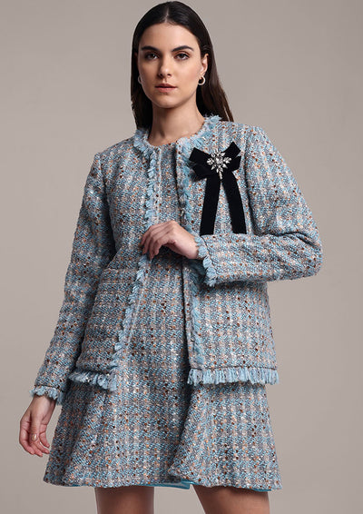 Sky Blue Tweed Dress & Jacket Set with Swarovski Bow Detail