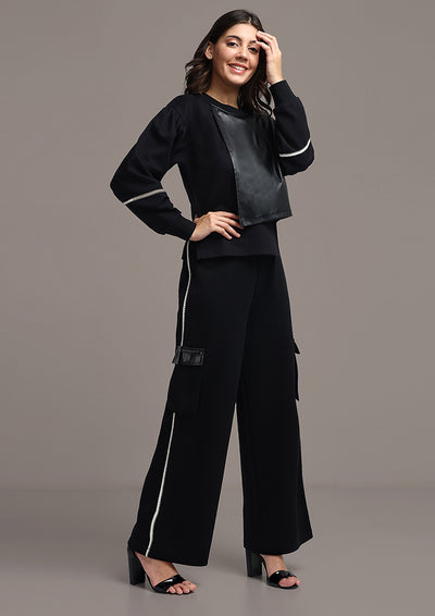 Black Cuff Sleeves Top And Pants Trackset With Leather Detailing