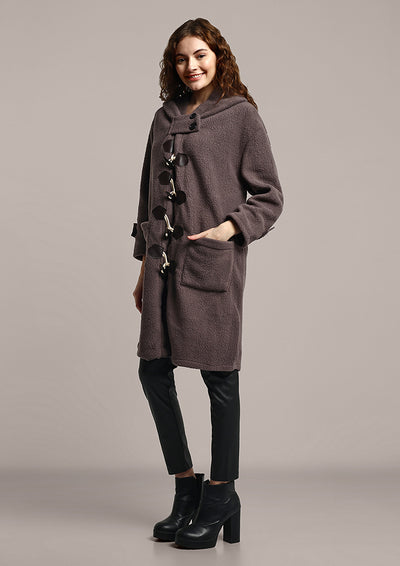 Teddy Fur Hooded Long  Coat With Buckles