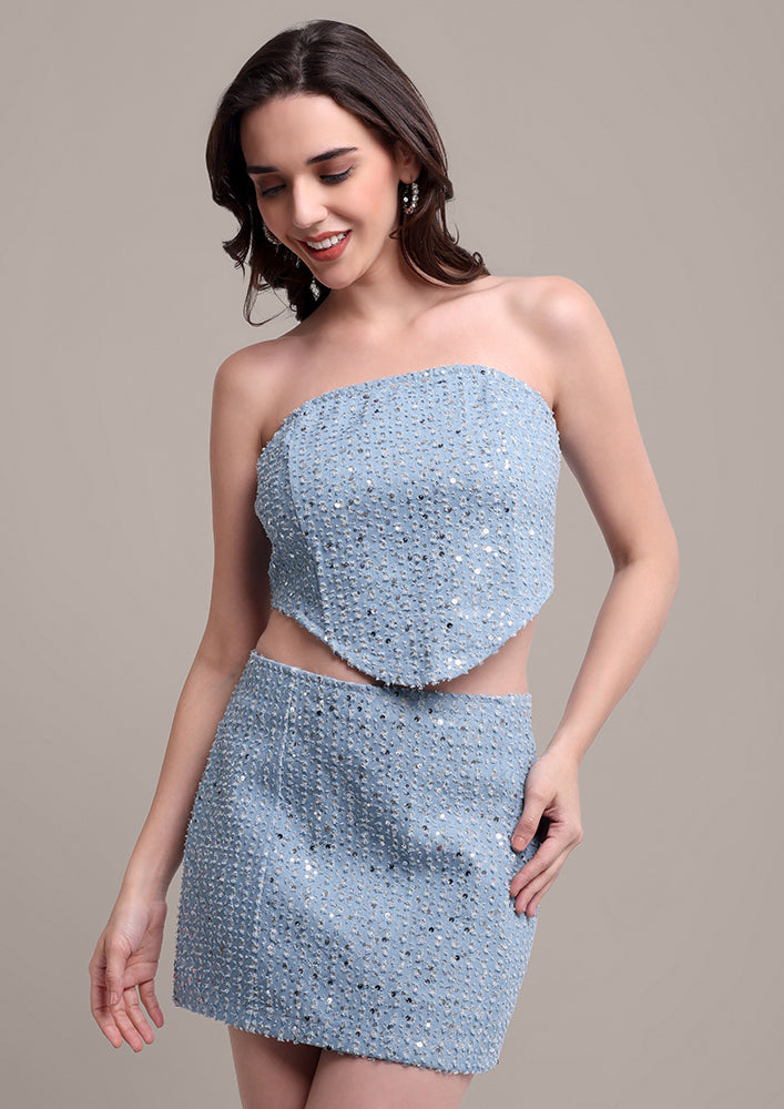 Blue shimmer corset skirt set IKI CHIC Private Ltd.