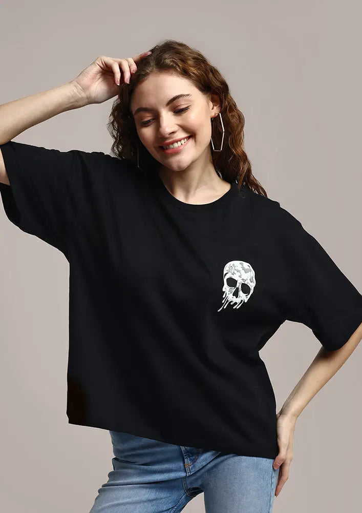 Skull Print Black Relaxed Fit Gen-Z Unisex T-shirt IKI CHIC Private Ltd