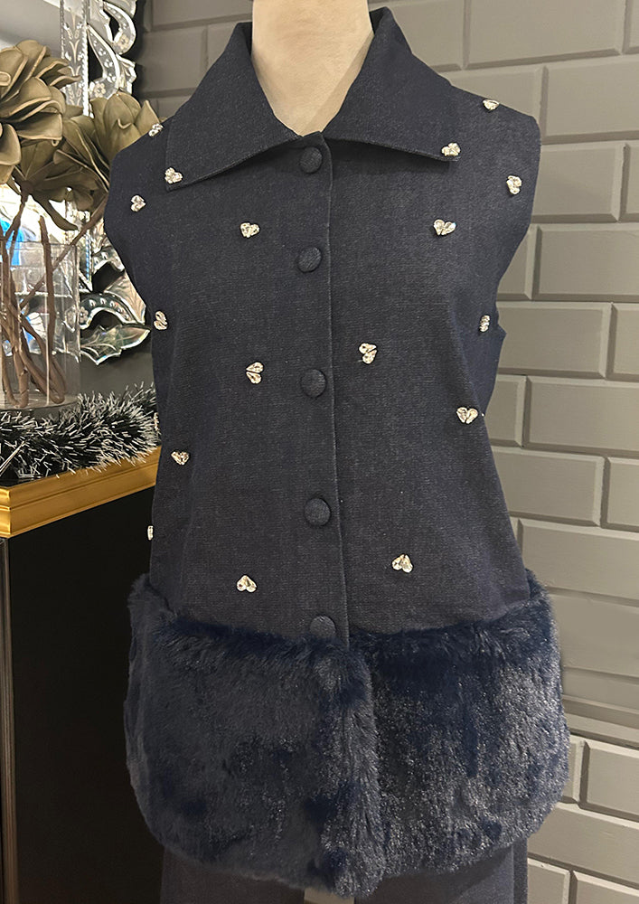 Swarovski-Embellished Denim Vest with Fur