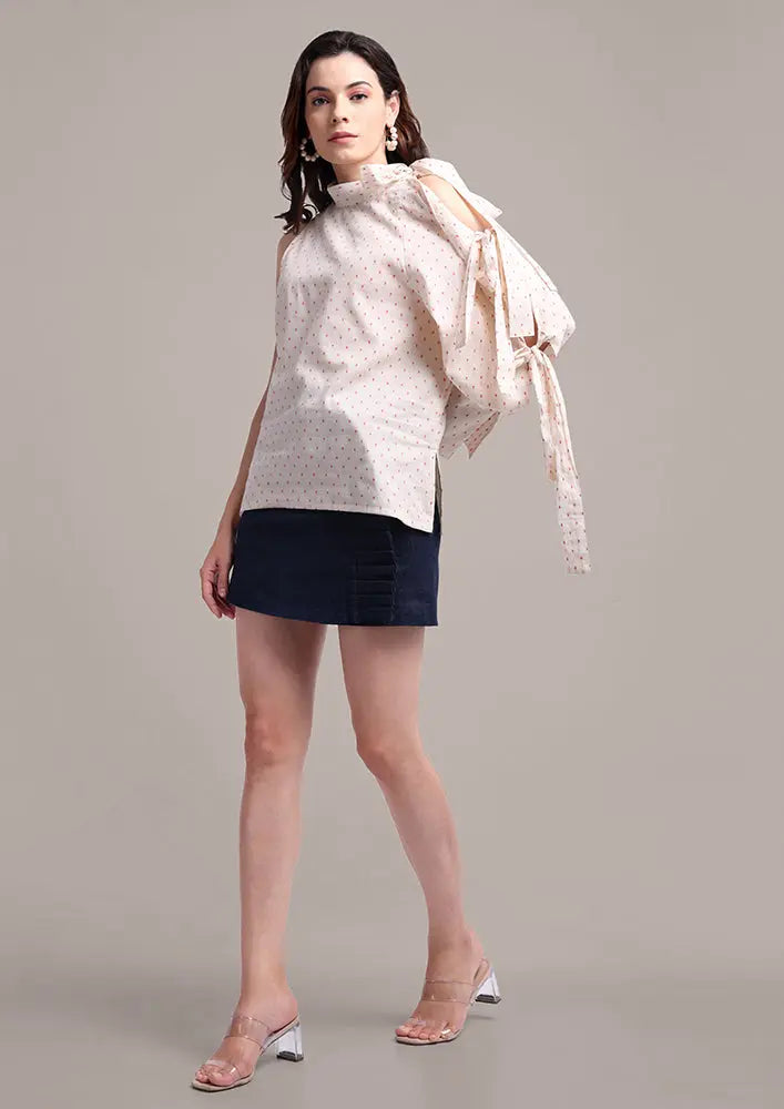 Off White One shoulder Cut Out sleeves Top And Denim Skorts Set IKI CHIC Private Ltd