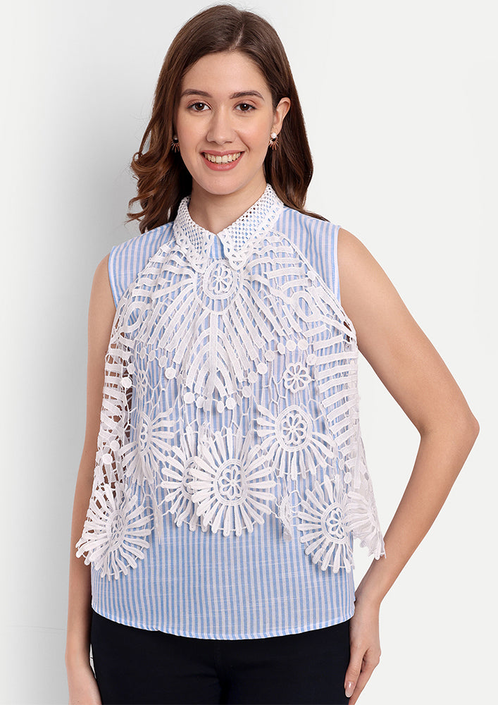 Blue Printed Sleeveless Top With Lace Detailing