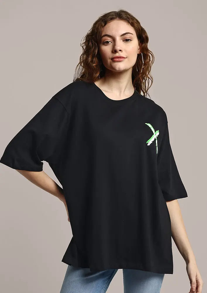 Black Oversized Printed Casual Gen-Z Unisex Tee IKI CHIC Private Ltd